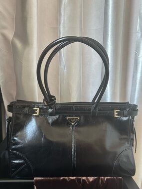 Prada Bonnie Black Leather Double-Handle Handbag with Gold Hardware